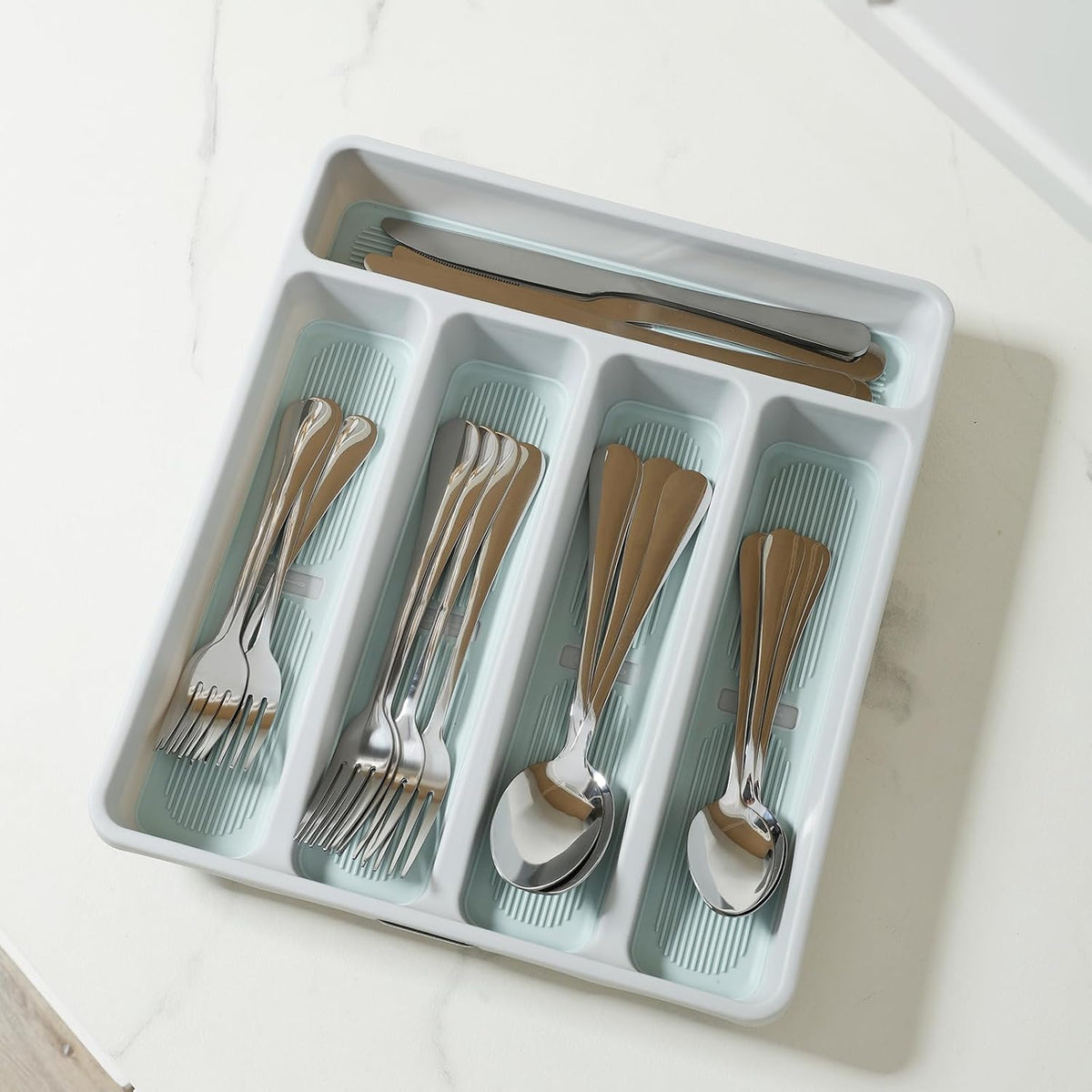 5-Compartment Silverware Organizer Tray with Icons for Kitchen Drawer