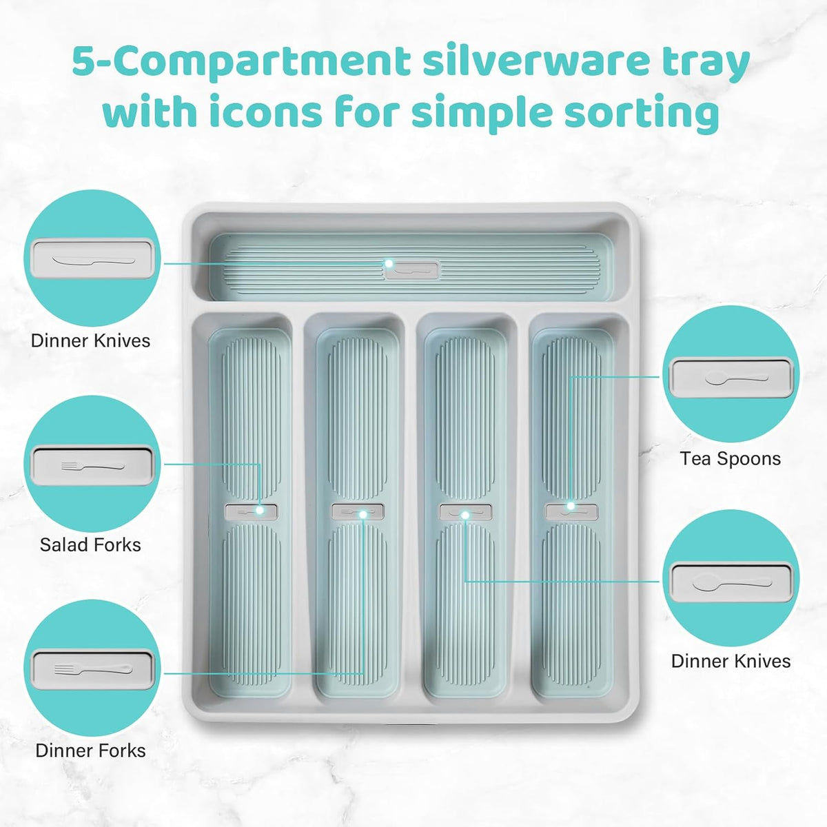 5-Compartment Silverware Organizer Tray with Icons for Kitchen Drawer