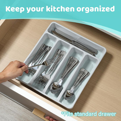 5-Compartment Silverware Organizer Tray with Icons for Kitchen Drawer