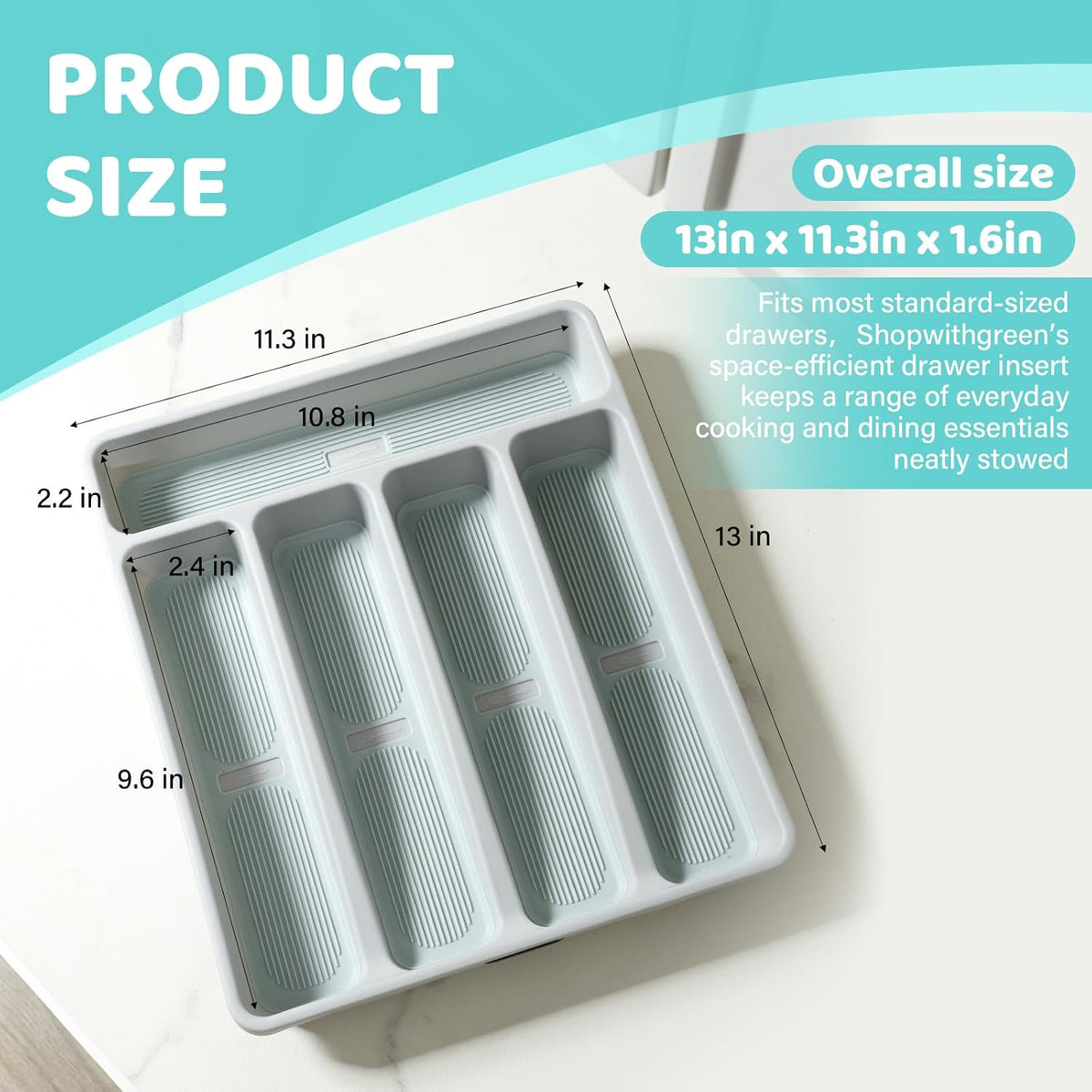 5-Compartment Silverware Organizer Tray with Icons for Kitchen Drawer