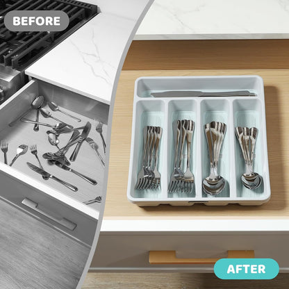 5-Compartment Silverware Organizer Tray with Icons for Kitchen Drawer
