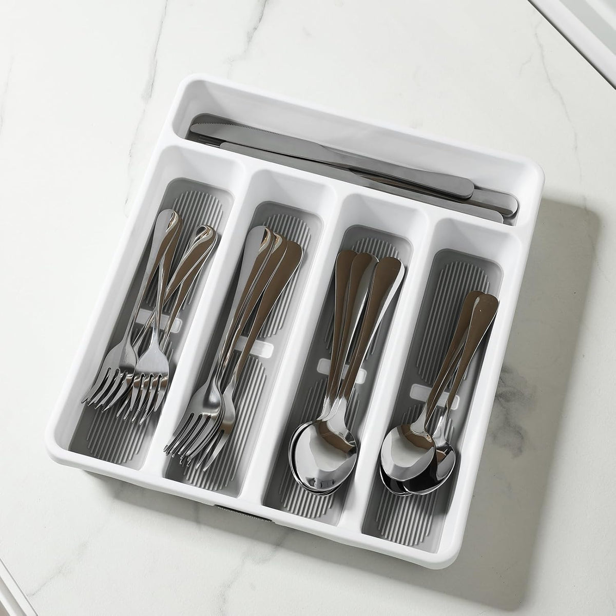 5-Compartment Silverware Organizer Tray with Icons for Kitchen Drawer
