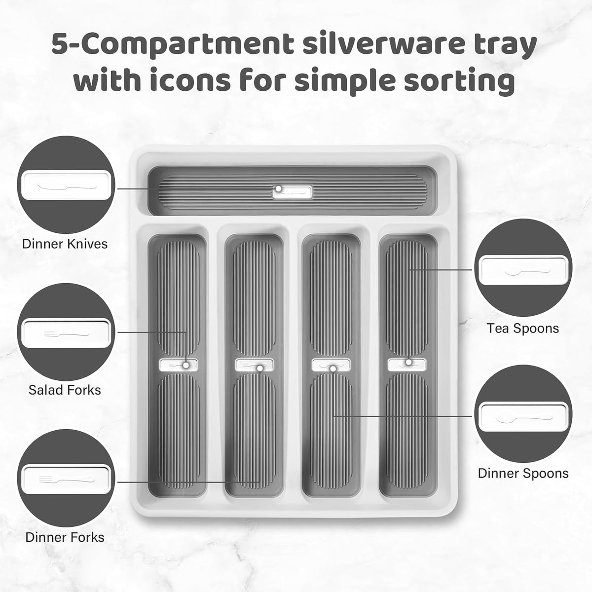 5-Compartment Silverware Organizer Tray with Icons for Kitchen Drawer