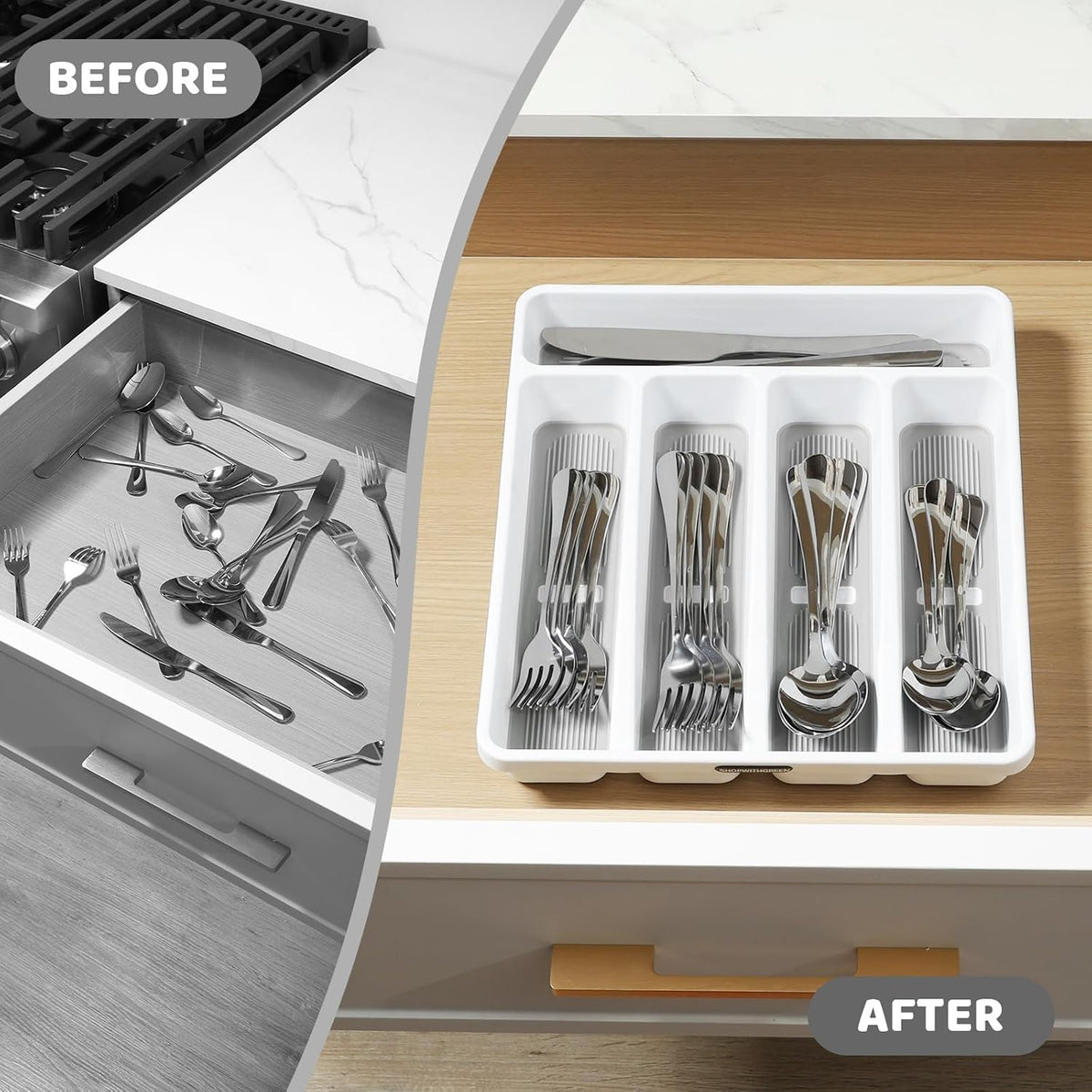 5-Compartment Silverware Organizer Tray with Icons for Kitchen Drawer