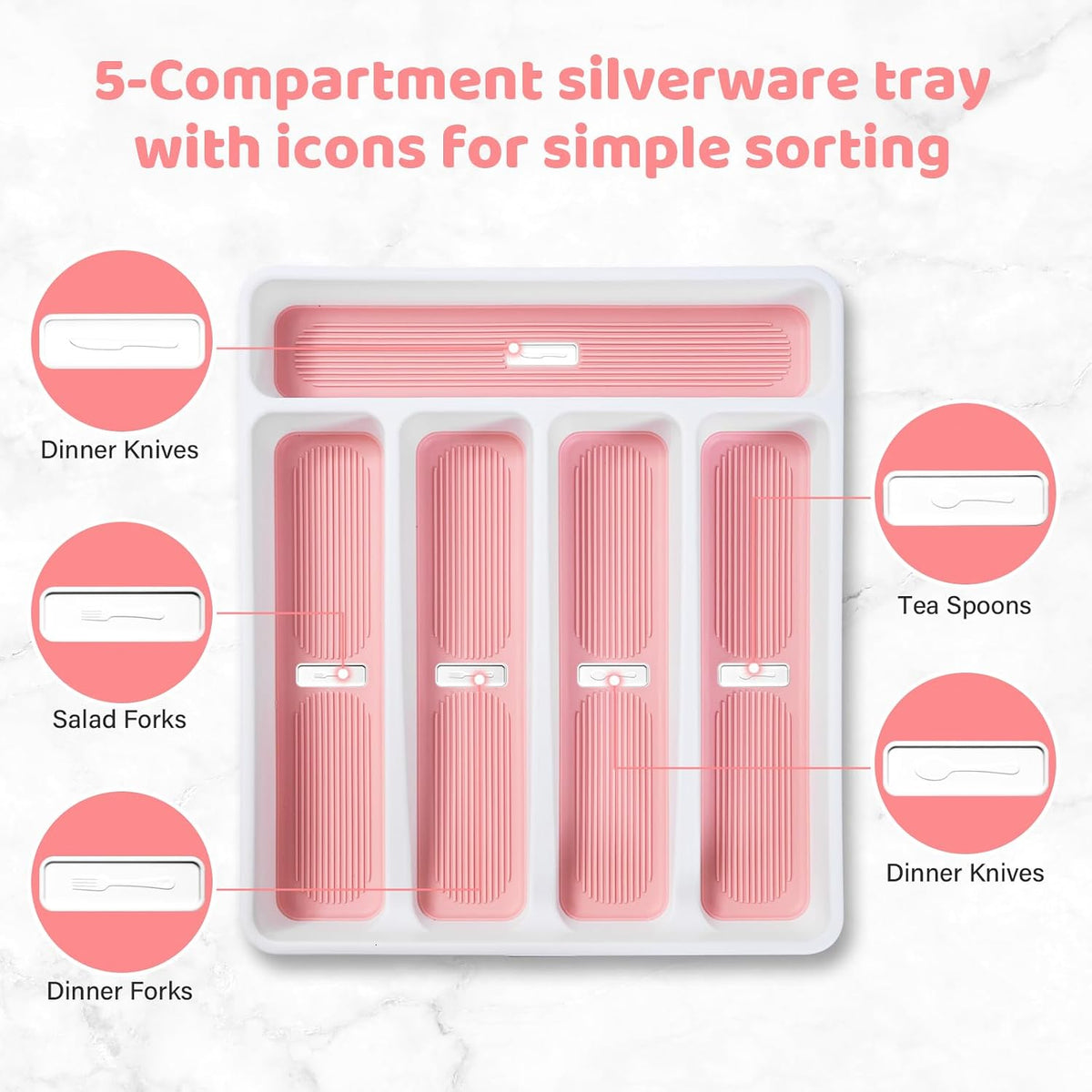 5-Compartment Silverware Organizer Tray with Icons for Kitchen Drawer