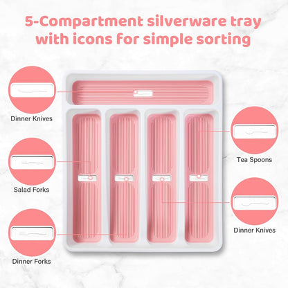 5-Compartment Silverware Organizer Tray with Icons for Kitchen Drawer