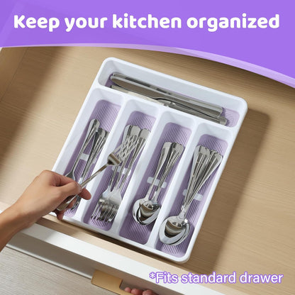 5-Compartment Silverware Organizer Tray with Icons for Kitchen Drawer