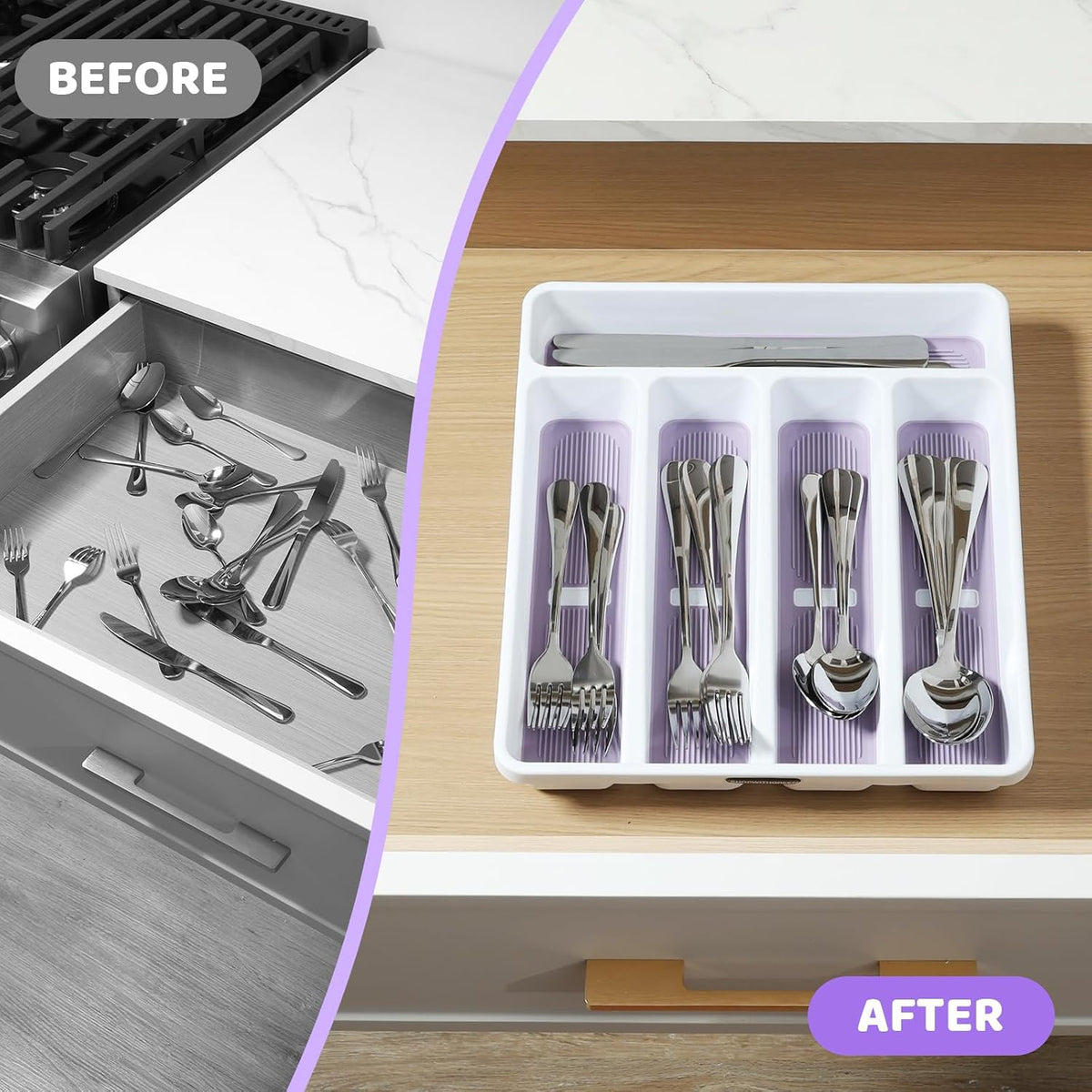 5-Compartment Silverware Organizer Tray with Icons for Kitchen Drawer