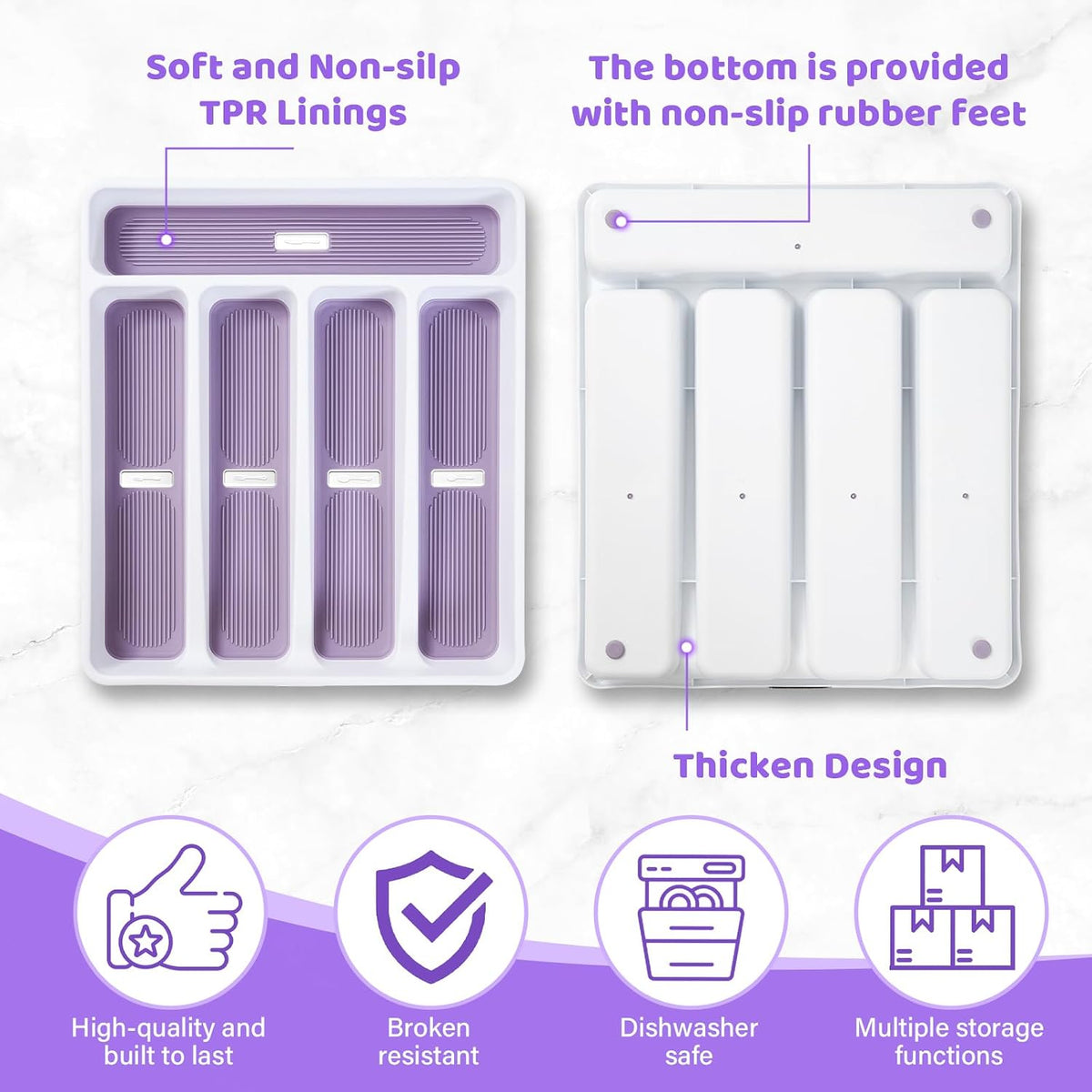 5-Compartment Silverware Organizer Tray with Icons for Kitchen Drawer
