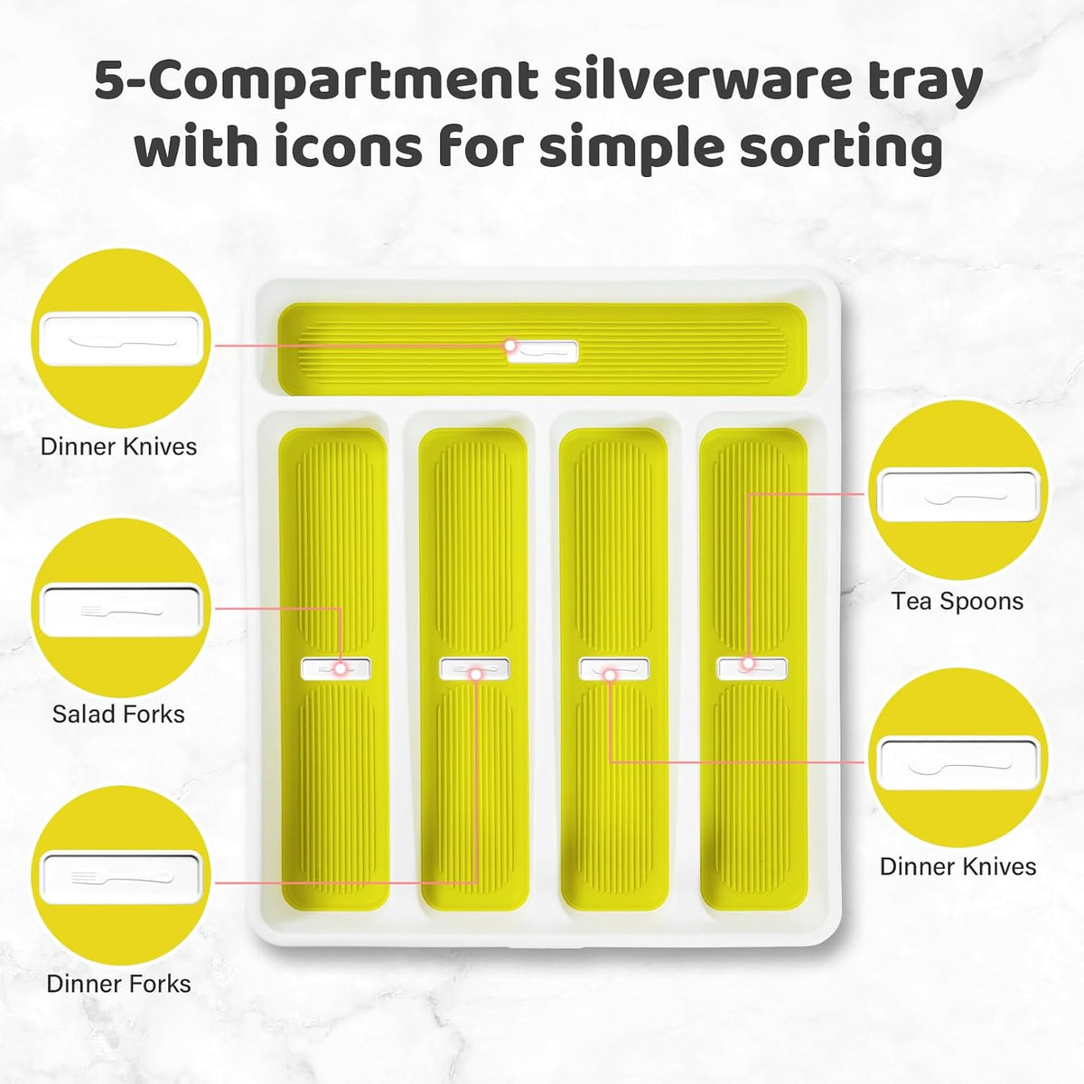 5-Compartment Silverware Organizer Tray with Icons for Kitchen Drawer
