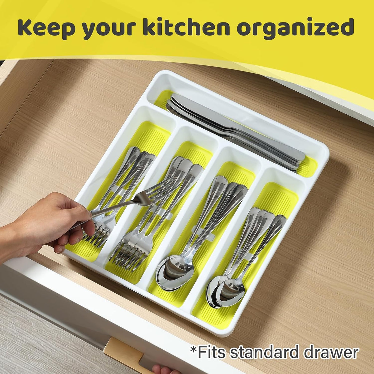5-Compartment Silverware Organizer Tray with Icons for Kitchen Drawer