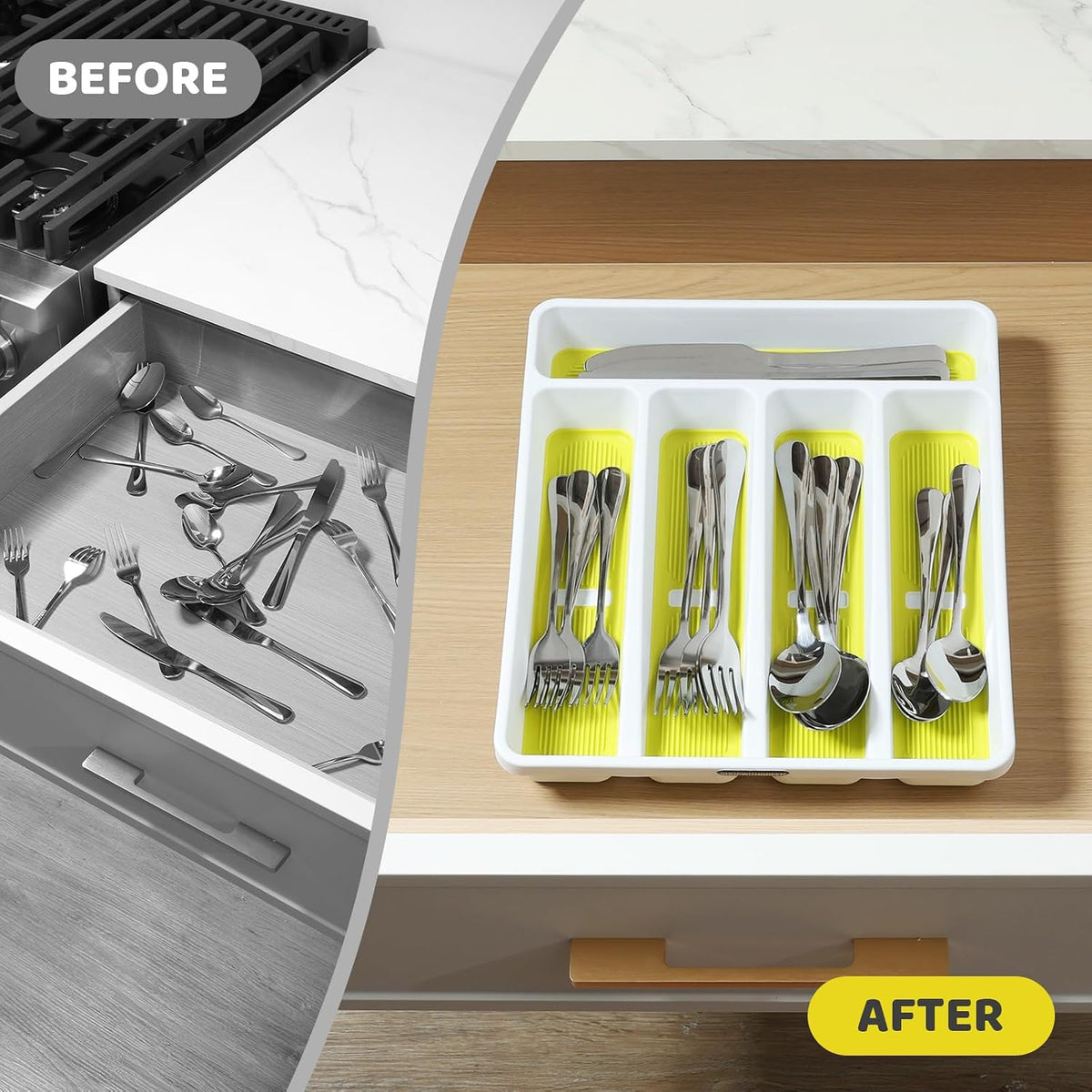 5-Compartment Silverware Organizer Tray with Icons for Kitchen Drawer