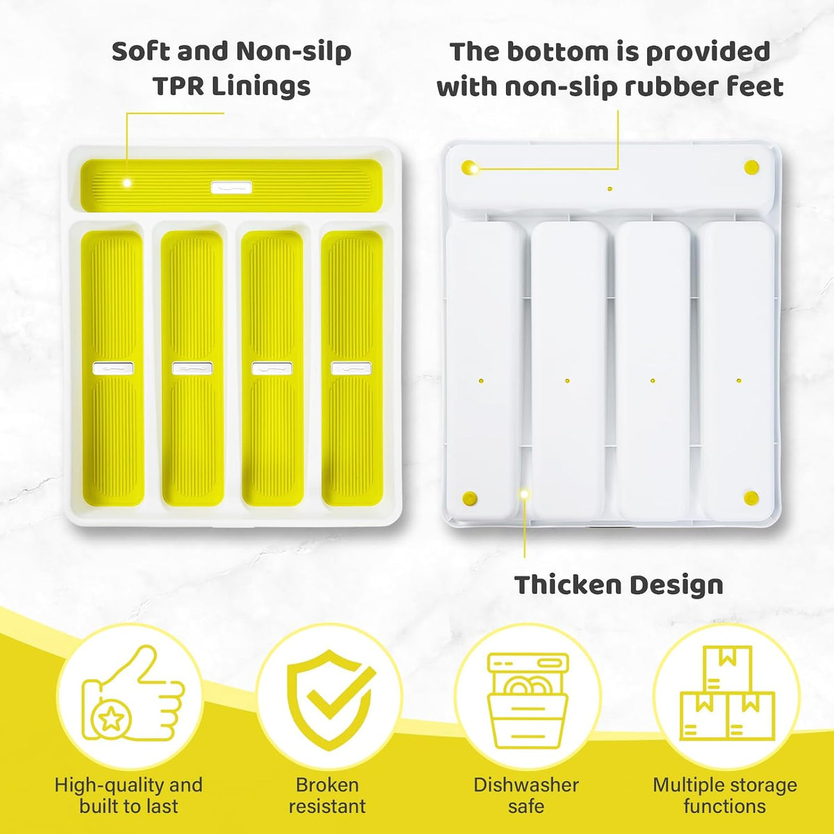 5-Compartment Silverware Organizer Tray with Icons for Kitchen Drawer