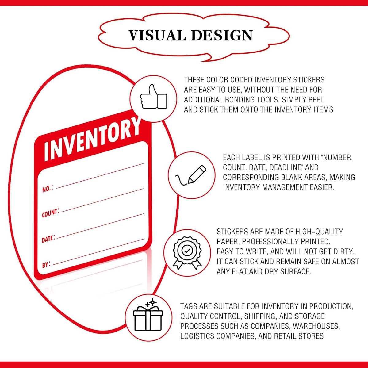 Inventory Control Labels 2x2 Inch Red Fluorescent Stickers for Warehouse