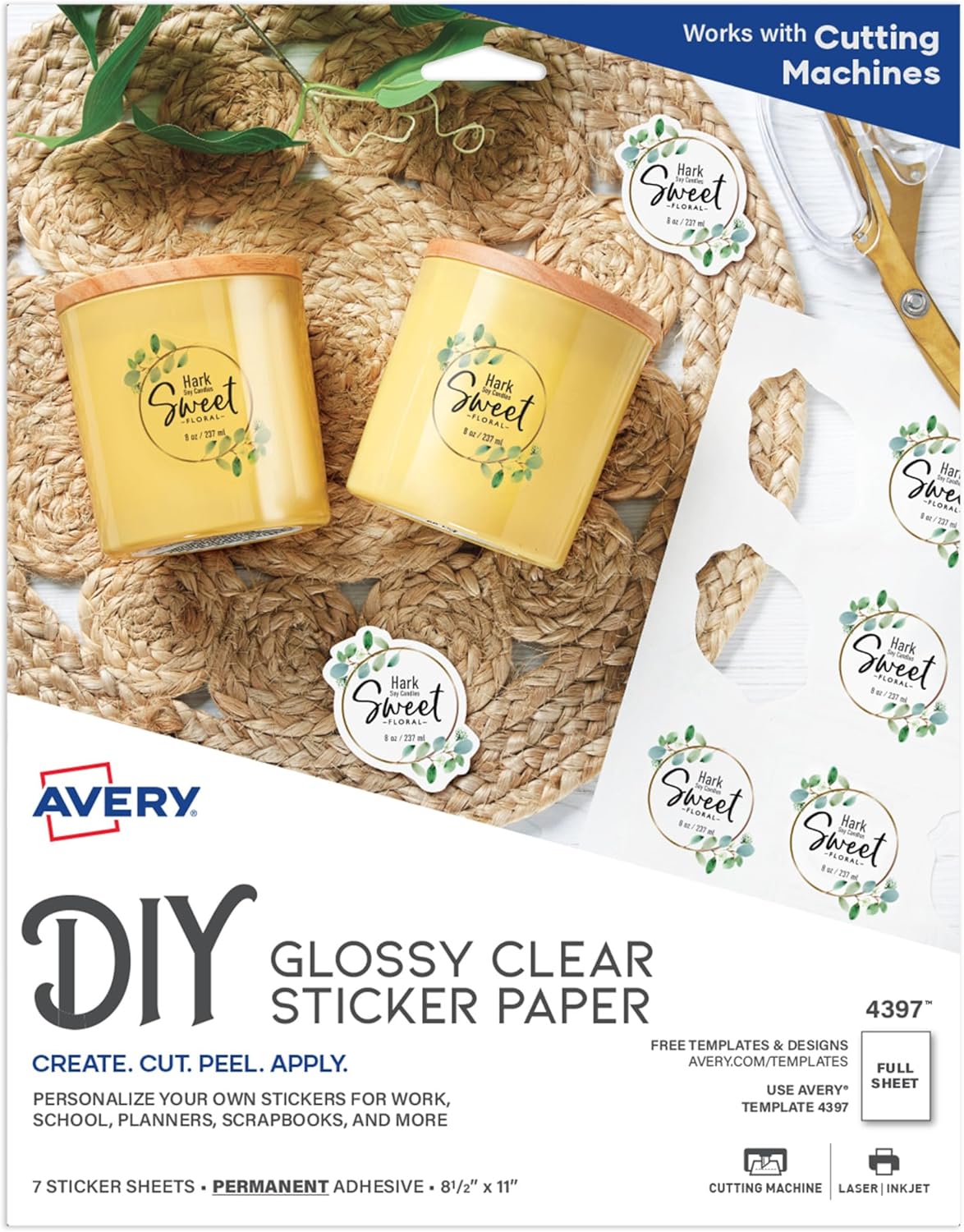 Printable Sticker Paper, 8.5" x 11", Glossy Clear, Permanent Adhesive, Laser/Inkjet Compatible, 7 Full-Size Label Sheets, Great for Product Branding, Cute Stickers, Custom Signs, and More (4397)