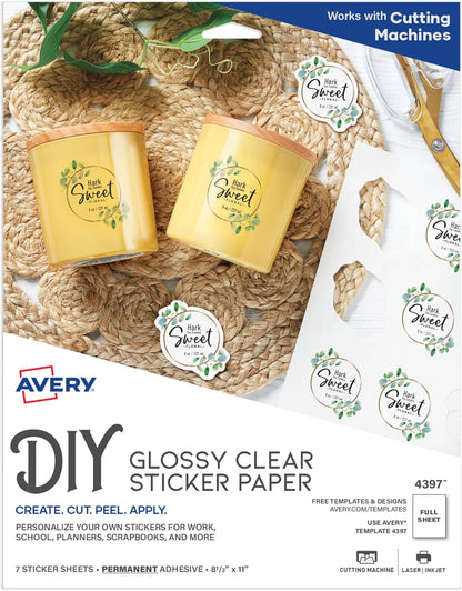 Printable Sticker Paper, 8.5" x 11", Glossy Clear, Permanent Adhesive, Laser/Inkjet Compatible, 7 Full-Size Label Sheets, Great for Product Branding, Cute Stickers, Custom Signs, and More (4397)