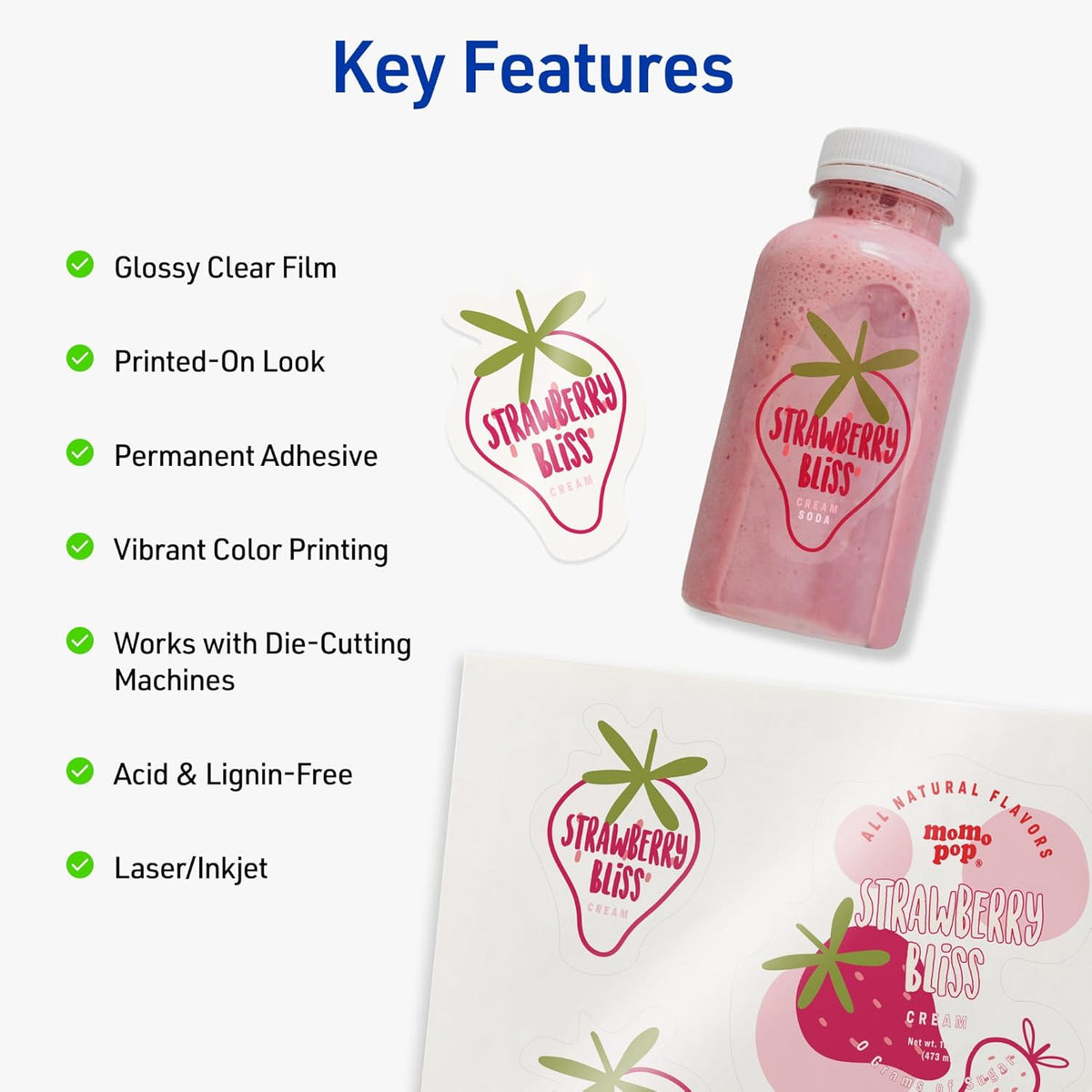 Printable Sticker Paper, 8.5" x 11", Glossy Clear, Permanent Adhesive, Laser/Inkjet Compatible, 7 Full-Size Label Sheets, Great for Product Branding, Cute Stickers, Custom Signs, and More (4397)