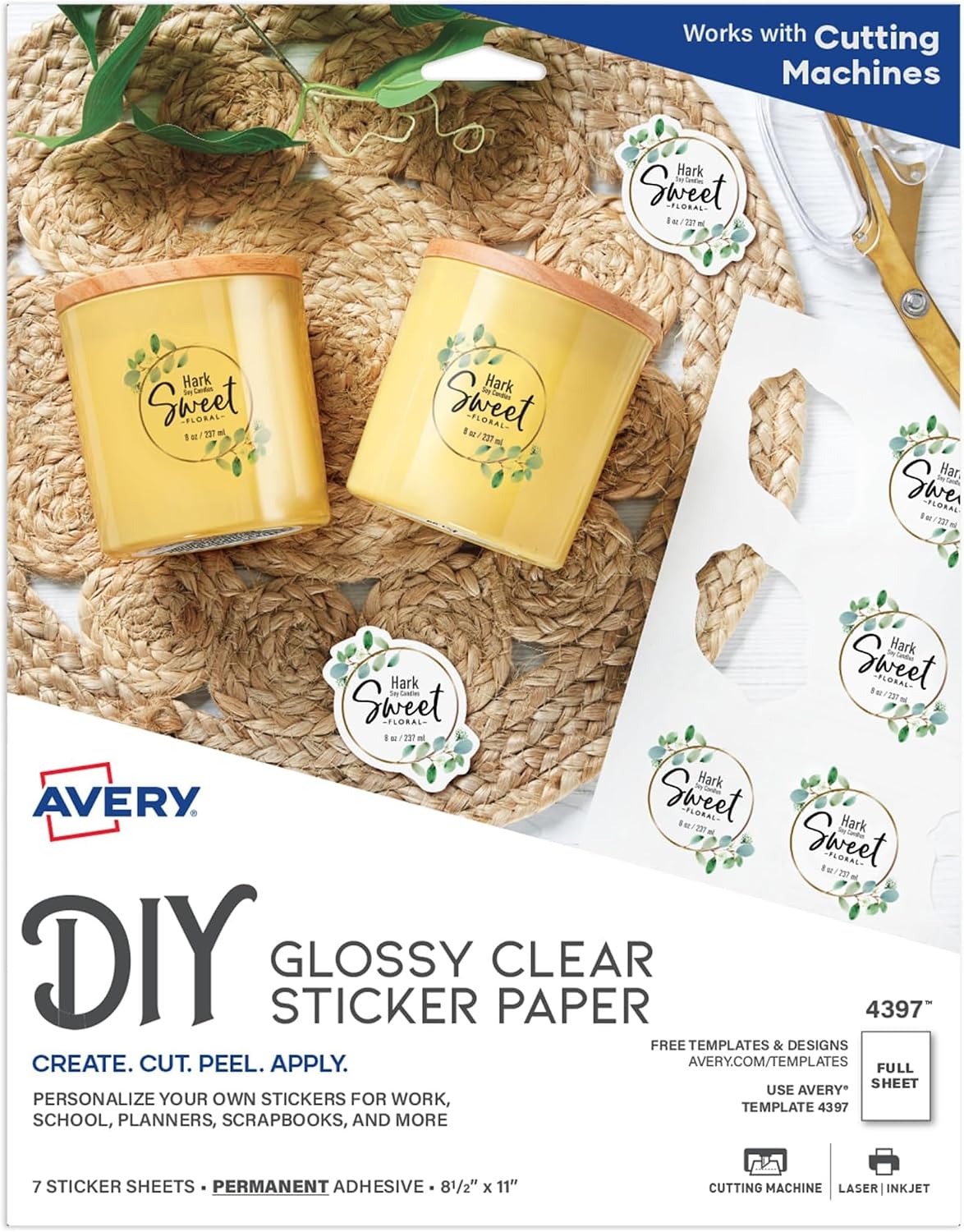 Printable Sticker Paper, 8.5" x 11", Glossy Clear, Permanent Adhesive, Laser/Inkjet Compatible, 7 Full-Size Label Sheets, Great for Product Branding, Cute Stickers, Custom Signs, and More (4397)