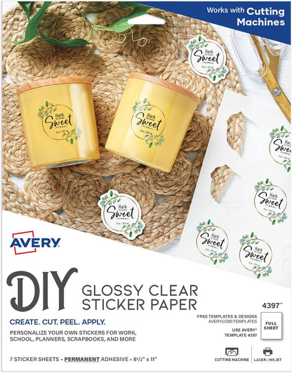 Printable Sticker Paper, 8.5" x 11", Glossy Clear, Permanent Adhesive, Laser/Inkjet Compatible, 7 Full-Size Label Sheets, Great for Product Branding, Cute Stickers, Custom Signs, and More (4397)