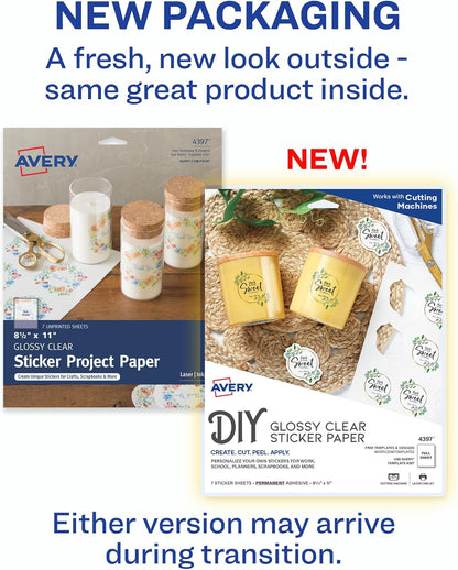 Printable Sticker Paper, 8.5" x 11", Glossy Clear, Permanent Adhesive, Laser/Inkjet Compatible, 7 Full-Size Label Sheets, Great for Product Branding, Cute Stickers, Custom Signs, and More (4397)