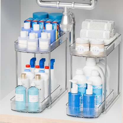 Large Pull Out Bathroom Organizers and Storage,2 Tier 12.8″ Tall Sliding Kitchen Under Sink Organizer for Cleaning Products Storage,Acrylic Clear Bathroom inder Sink Organizer,Undersink Storage
