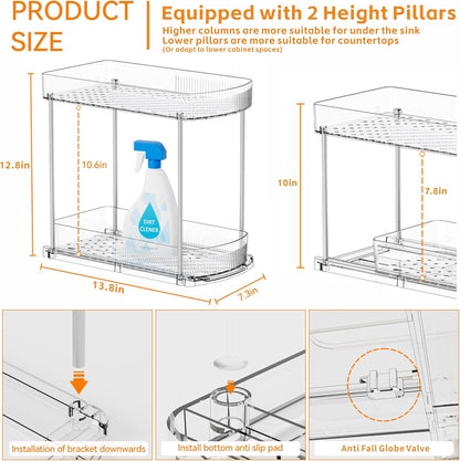Large Pull Out Bathroom Organizers and Storage,2 Tier 12.8″ Tall Sliding Kitchen Under Sink Organizer for Cleaning Products Storage,Acrylic Clear Bathroom inder Sink Organizer,Undersink Storage