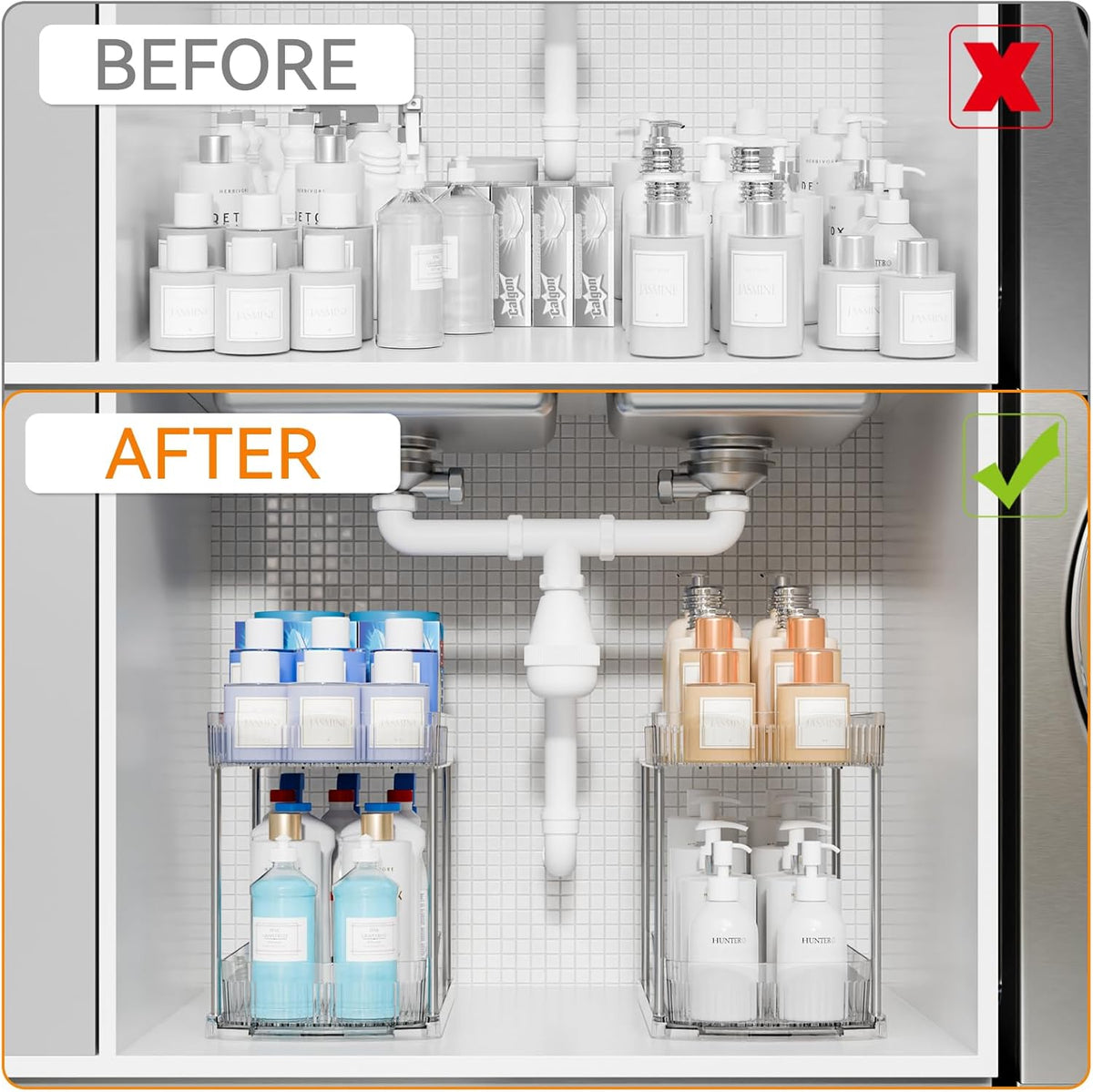 Large Pull Out Bathroom Organizers and Storage,2 Tier 12.8″ Tall Sliding Kitchen Under Sink Organizer for Cleaning Products Storage,Acrylic Clear Bathroom inder Sink Organizer,Undersink Storage