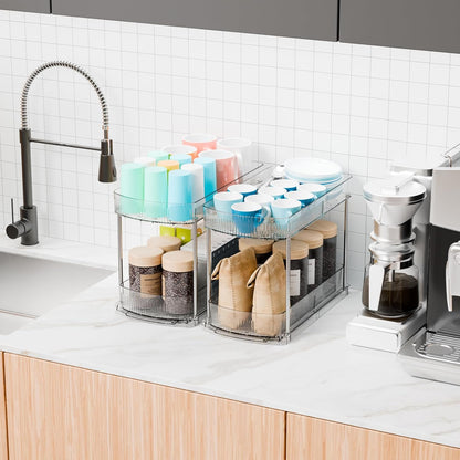Large Pull Out Bathroom Organizers and Storage,2 Tier 12.8″ Tall Sliding Kitchen Under Sink Organizer for Cleaning Products Storage,Acrylic Clear Bathroom inder Sink Organizer,Undersink Storage