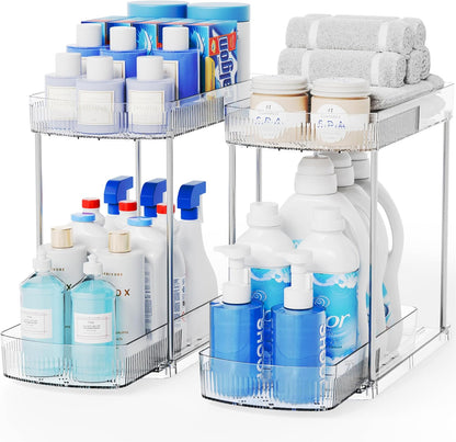Large Pull Out Bathroom Organizers and Storage,2 Tier 12.8″ Tall Sliding Kitchen Under Sink Organizer for Cleaning Products Storage,Acrylic Clear Bathroom inder Sink Organizer,Undersink Storage