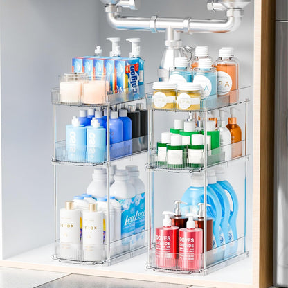Large Pull Out Bathroom Organizers and Storage,2 Tier 12.8″ Tall Sliding Kitchen Under Sink Organizer for Cleaning Products Storage,Acrylic Clear Bathroom inder Sink Organizer,Undersink Storage