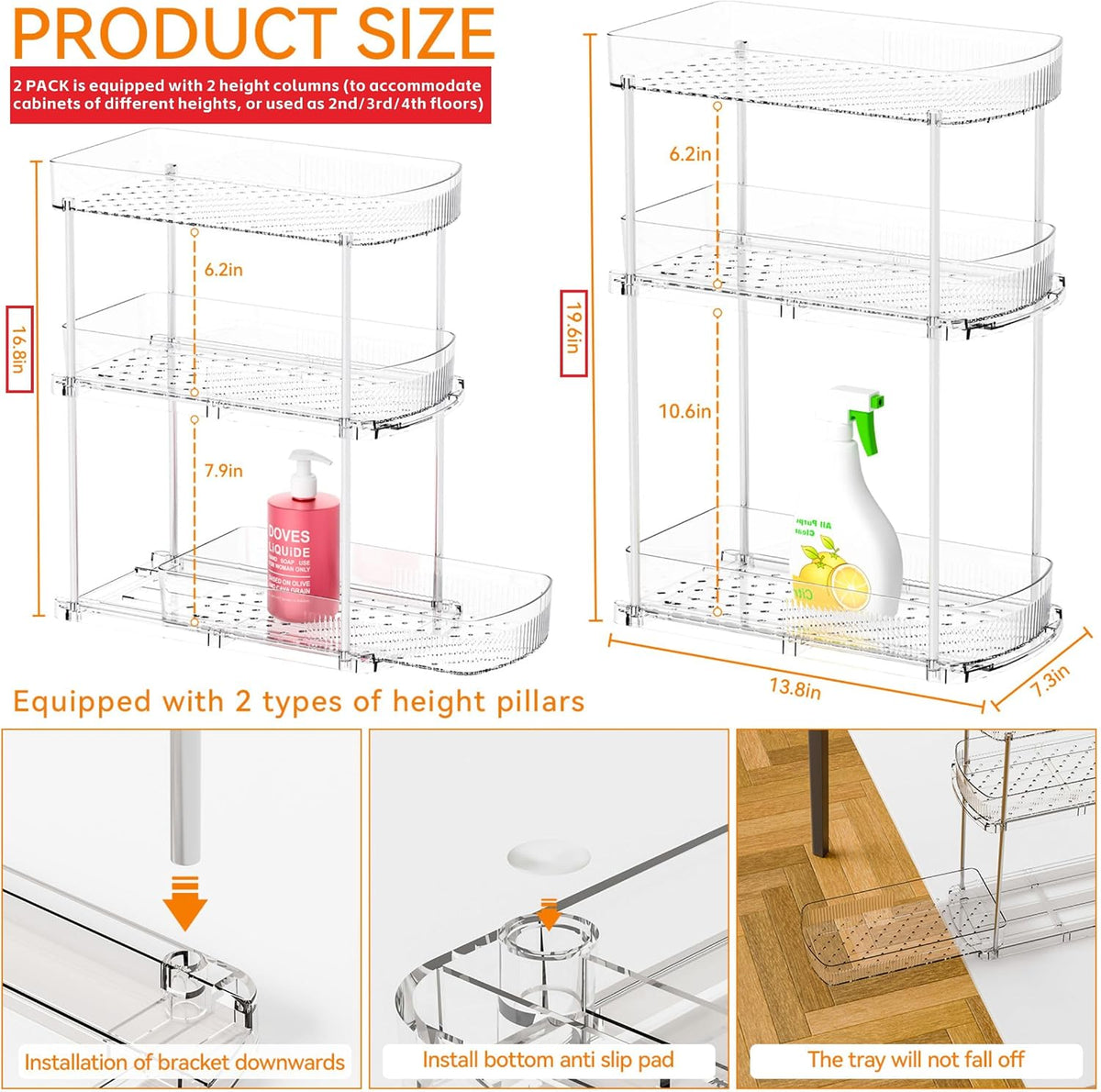 Large Pull Out Bathroom Organizers and Storage,2 Tier 12.8″ Tall Sliding Kitchen Under Sink Organizer for Cleaning Products Storage,Acrylic Clear Bathroom inder Sink Organizer,Undersink Storage