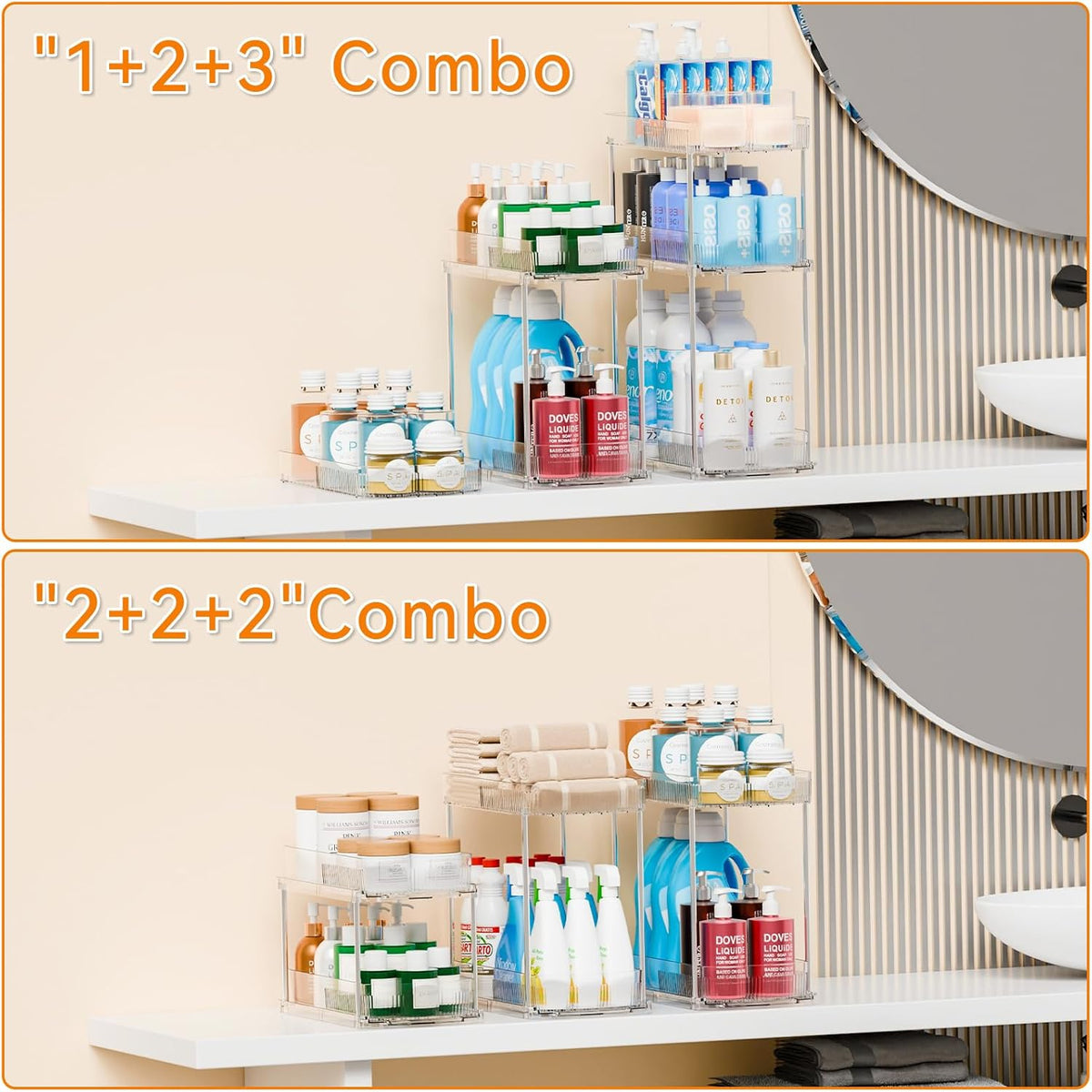 Large Pull Out Bathroom Organizers and Storage,2 Tier 12.8″ Tall Sliding Kitchen Under Sink Organizer for Cleaning Products Storage,Acrylic Clear Bathroom inder Sink Organizer,Undersink Storage