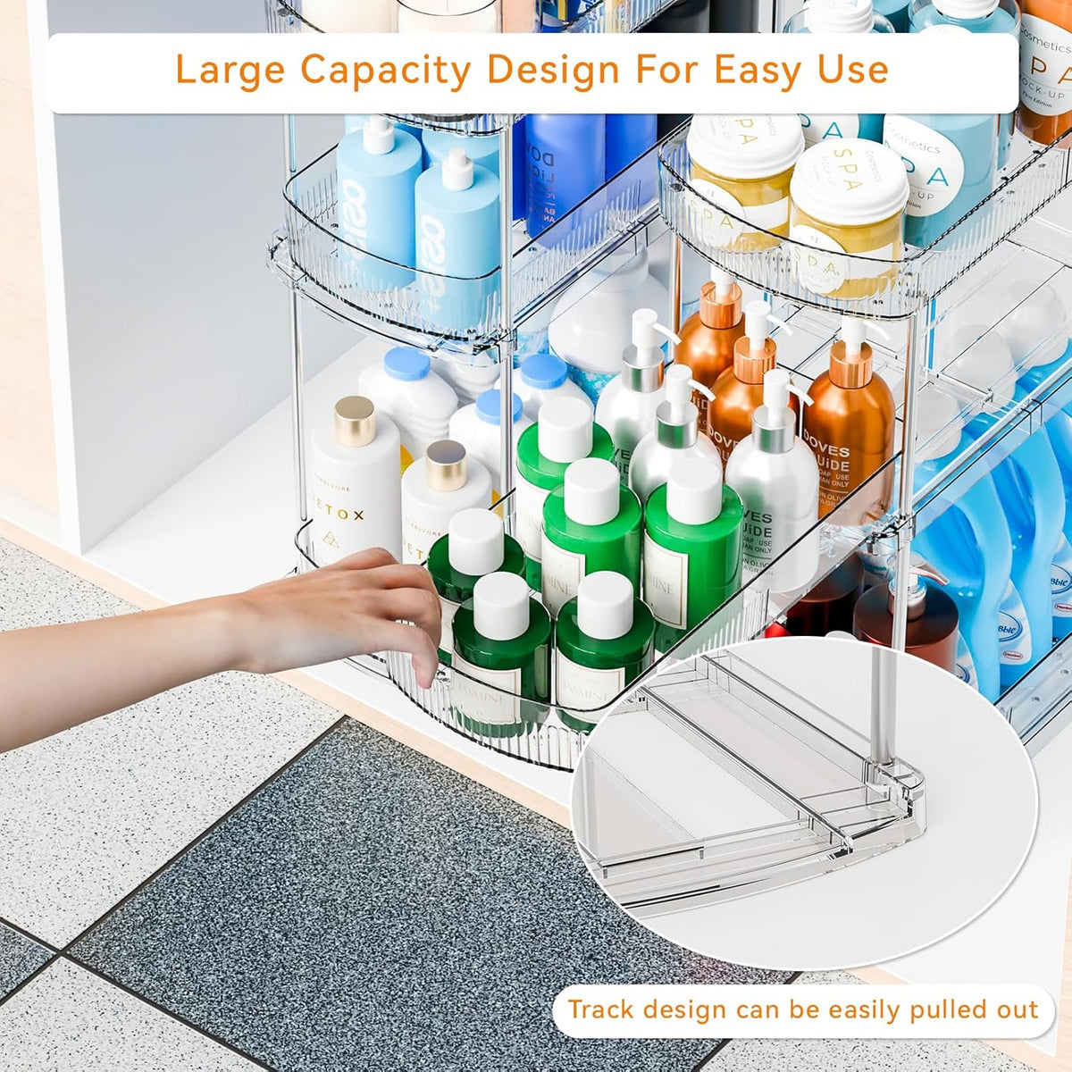 Large Pull Out Bathroom Organizers and Storage,2 Tier 12.8″ Tall Sliding Kitchen Under Sink Organizer for Cleaning Products Storage,Acrylic Clear Bathroom inder Sink Organizer,Undersink Storage