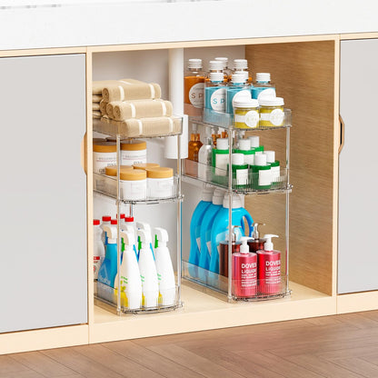 Large Pull Out Bathroom Organizers and Storage,2 Tier 12.8″ Tall Sliding Kitchen Under Sink Organizer for Cleaning Products Storage,Acrylic Clear Bathroom inder Sink Organizer,Undersink Storage