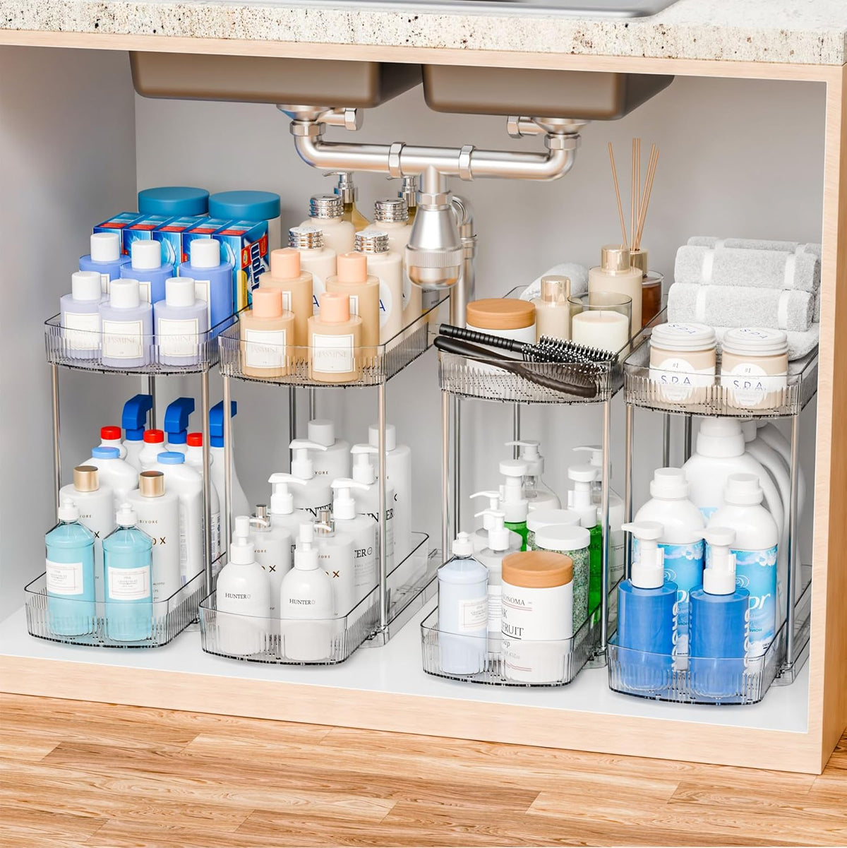 Large Pull Out Bathroom Organizers and Storage,2 Tier 12.8″ Tall Sliding Kitchen Under Sink Organizer for Cleaning Products Storage,Acrylic Clear Bathroom inder Sink Organizer,Undersink Storage