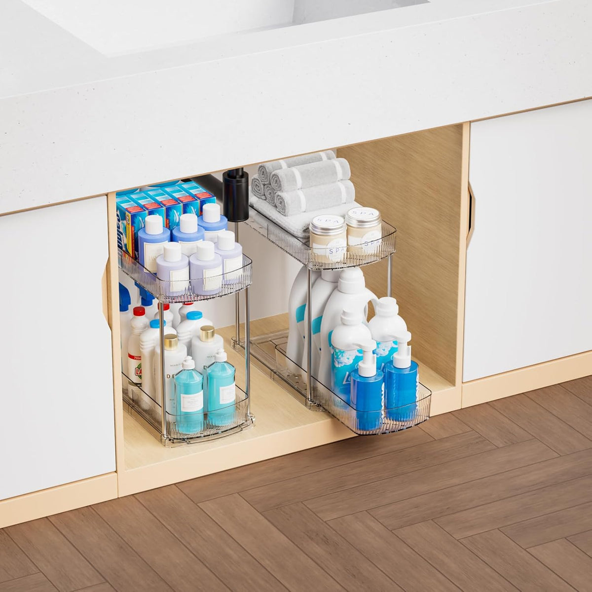 Large Pull Out Bathroom Organizers and Storage,2 Tier 12.8″ Tall Sliding Kitchen Under Sink Organizer for Cleaning Products Storage,Acrylic Clear Bathroom inder Sink Organizer,Undersink Storage