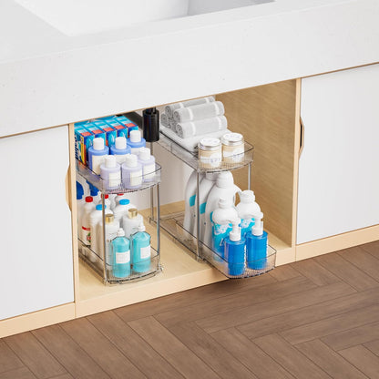 Large Pull Out Bathroom Organizers and Storage,2 Tier 12.8″ Tall Sliding Kitchen Under Sink Organizer for Cleaning Products Storage,Acrylic Clear Bathroom inder Sink Organizer,Undersink Storage