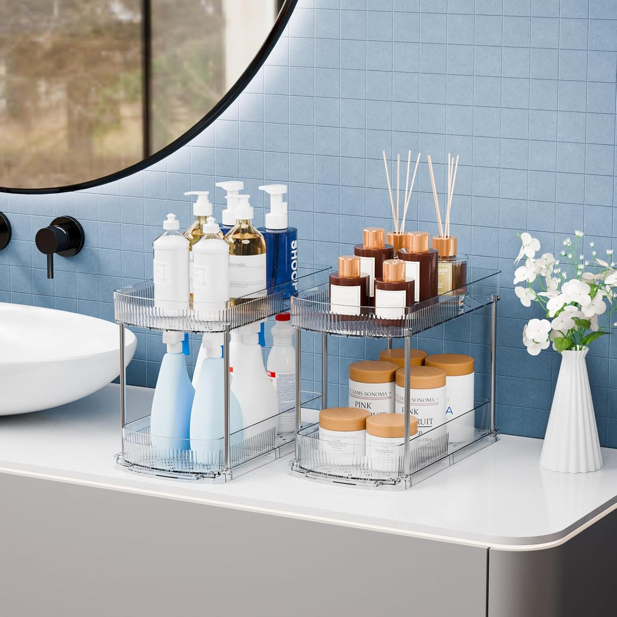 Large Pull Out Bathroom Organizers and Storage,2 Tier 12.8″ Tall Sliding Kitchen Under Sink Organizer for Cleaning Products Storage,Acrylic Clear Bathroom inder Sink Organizer,Undersink Storage