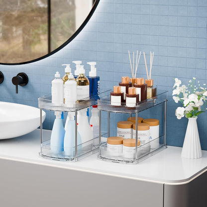 Large Pull Out Bathroom Organizers and Storage,2 Tier 12.8″ Tall Sliding Kitchen Under Sink Organizer for Cleaning Products Storage,Acrylic Clear Bathroom inder Sink Organizer,Undersink Storage