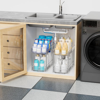 Large Pull Out Bathroom Organizers and Storage,2 Tier 12.8″ Tall Sliding Kitchen Under Sink Organizer for Cleaning Products Storage,Acrylic Clear Bathroom inder Sink Organizer,Undersink Storage