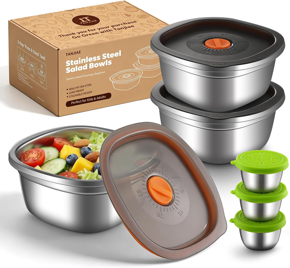 3-Pack 50 oz Large Stainless Steel Salad Bowl To Go for Lunch | Salad Containers with Airtight Lid & Dressing Cups, Portable Metal Salad Bowls for Lunch, Travel, Meal Prep, Food Storage