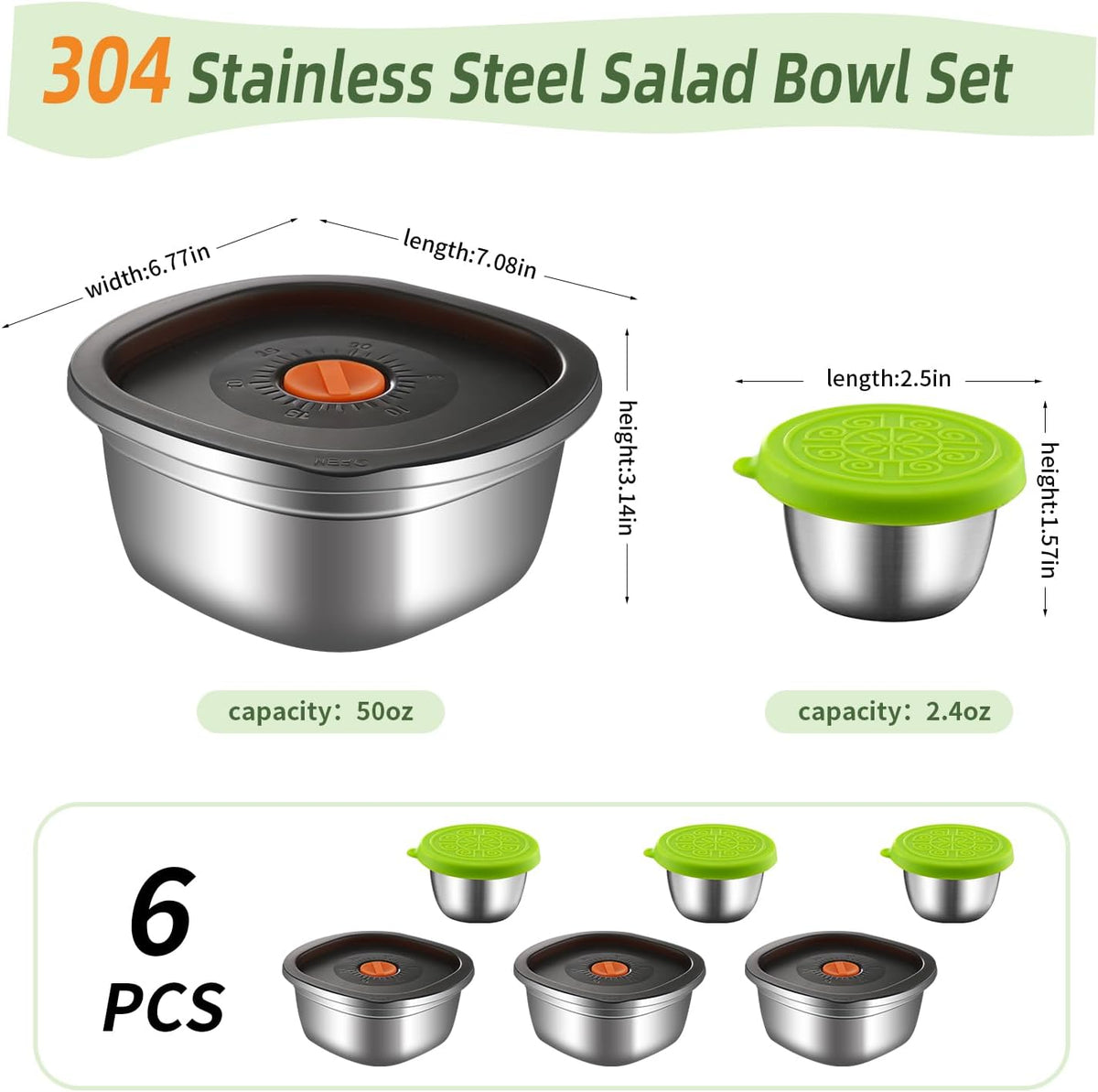 3-Pack 50 oz Large Stainless Steel Salad Bowl To Go for Lunch | Salad Containers with Airtight Lid & Dressing Cups, Portable Metal Salad Bowls for Lunch, Travel, Meal Prep, Food Storage