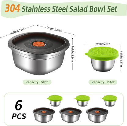 3-Pack 50 oz Large Stainless Steel Salad Bowl To Go for Lunch | Salad Containers with Airtight Lid & Dressing Cups, Portable Metal Salad Bowls for Lunch, Travel, Meal Prep, Food Storage