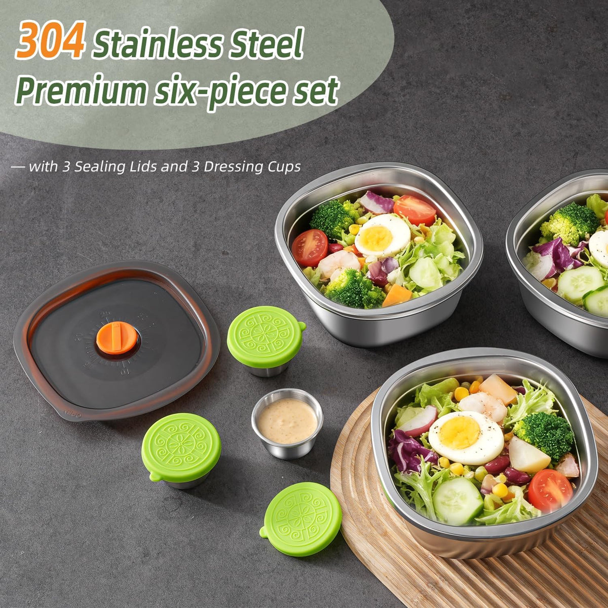 3-Pack 50 oz Large Stainless Steel Salad Bowl To Go for Lunch | Salad Containers with Airtight Lid & Dressing Cups, Portable Metal Salad Bowls for Lunch, Travel, Meal Prep, Food Storage
