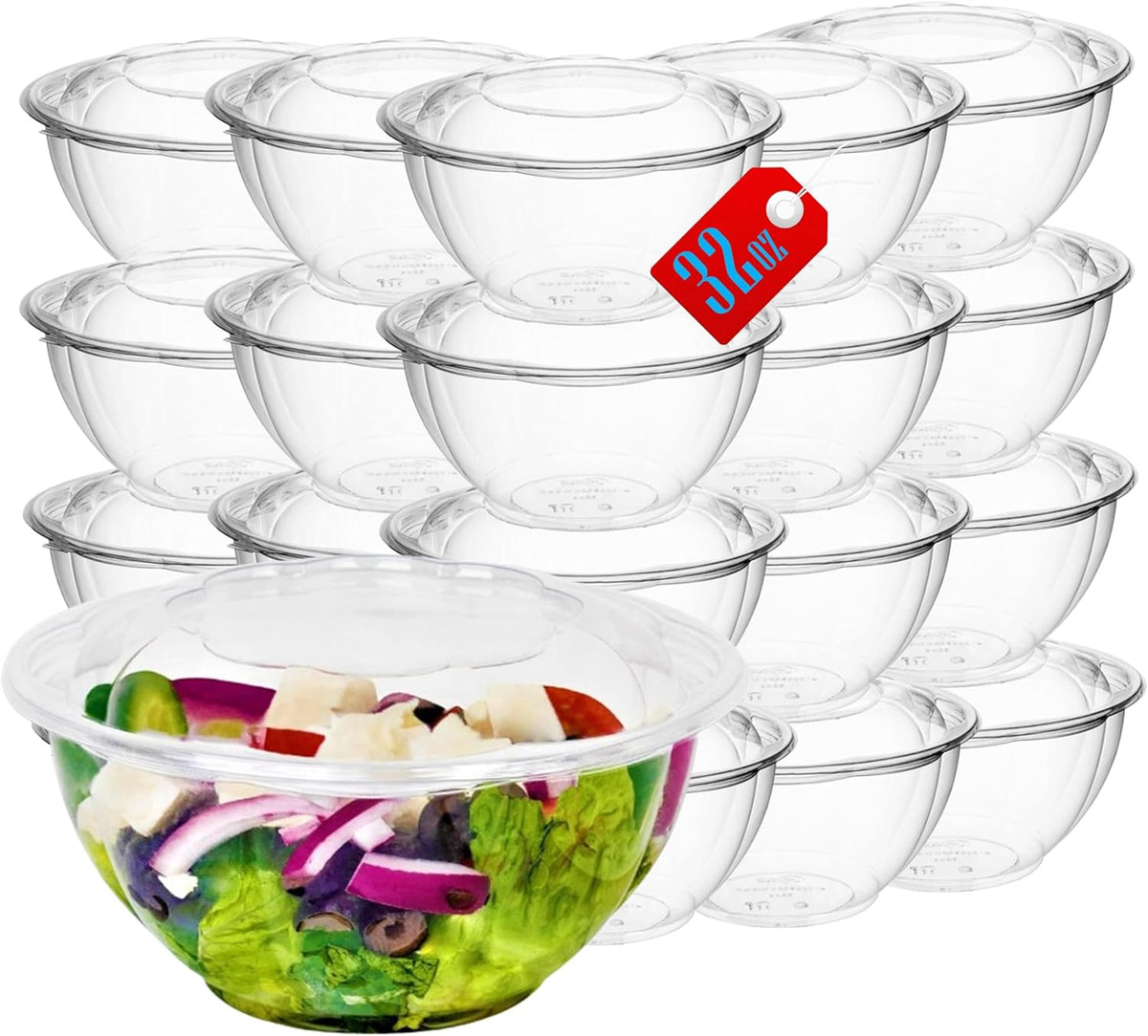 Clear 32 Ounce Plastic Salad Bowls with Snap-On Lids. Pack 50. Airtight Disposable Salad Containers for Lunch, Meal Prep, Parties. Ideal as Disposable Salad Bowls with Lids
