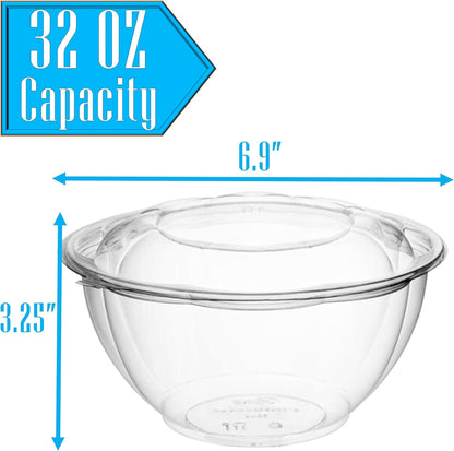 Clear 32 Ounce Plastic Salad Bowls with Snap-On Lids. Pack 50. Airtight Disposable Salad Containers for Lunch, Meal Prep, Parties. Ideal as Disposable Salad Bowls with Lids