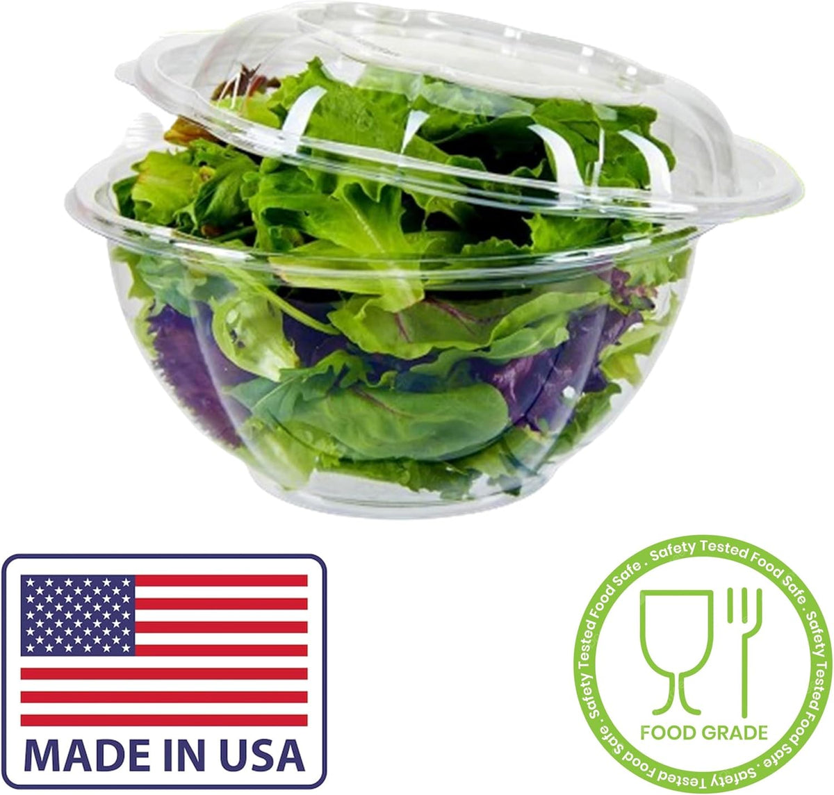 Clear 32 Ounce Plastic Salad Bowls with Snap-On Lids. Pack 50. Airtight Disposable Salad Containers for Lunch, Meal Prep, Parties. Ideal as Disposable Salad Bowls with Lids