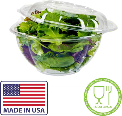 Clear 32 Ounce Plastic Salad Bowls with Snap-On Lids. Pack 50. Airtight Disposable Salad Containers for Lunch, Meal Prep, Parties. Ideal as Disposable Salad Bowls with Lids