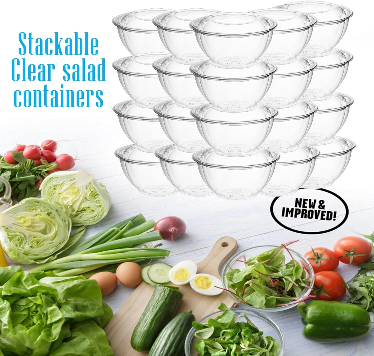 Clear 32 Ounce Plastic Salad Bowls with Snap-On Lids. Pack 50. Airtight Disposable Salad Containers for Lunch, Meal Prep, Parties. Ideal as Disposable Salad Bowls with Lids