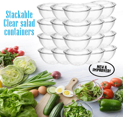 Clear 32 Ounce Plastic Salad Bowls with Snap-On Lids. Pack 50. Airtight Disposable Salad Containers for Lunch, Meal Prep, Parties. Ideal as Disposable Salad Bowls with Lids